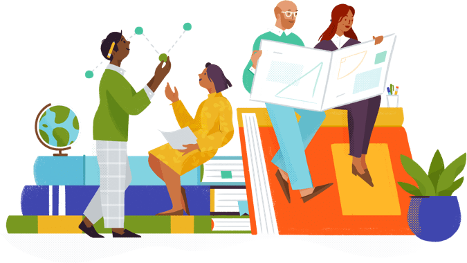Illustrated Slack interns working while sitting on giant books