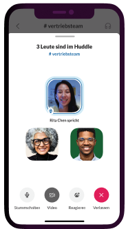 Team-Mitglieder führen einen Audio-Chat in einem Huddle in der mobilen Slack App