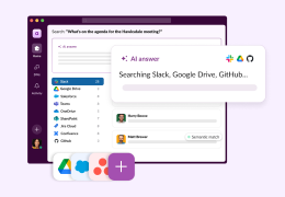 App icons float above the Slack UI