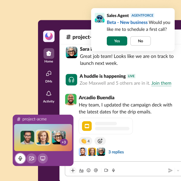 A mockup displays a virtual huddle.