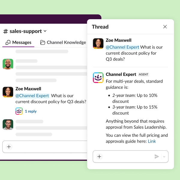 A search results page displays Al answers to a direct message inquiry.