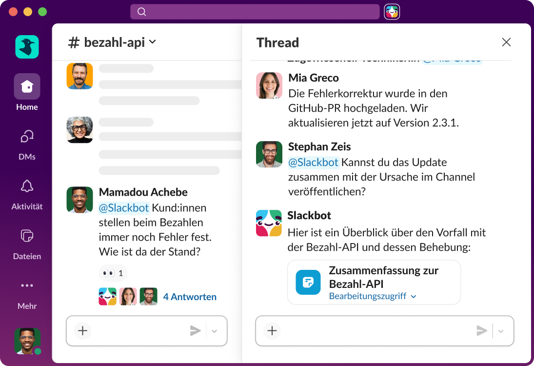Slackbot wird in einem Channel getaggt und stellt eine Zusammenfassung eines laufenden Vorfalls bereit