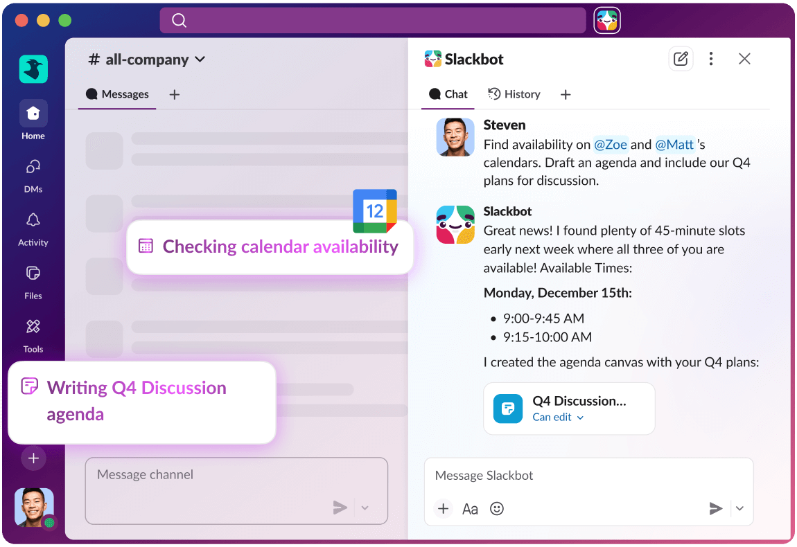Find availability on @Zoe @Matt’s calendars. Draft an agenda and include our Q4 plans for discussion.