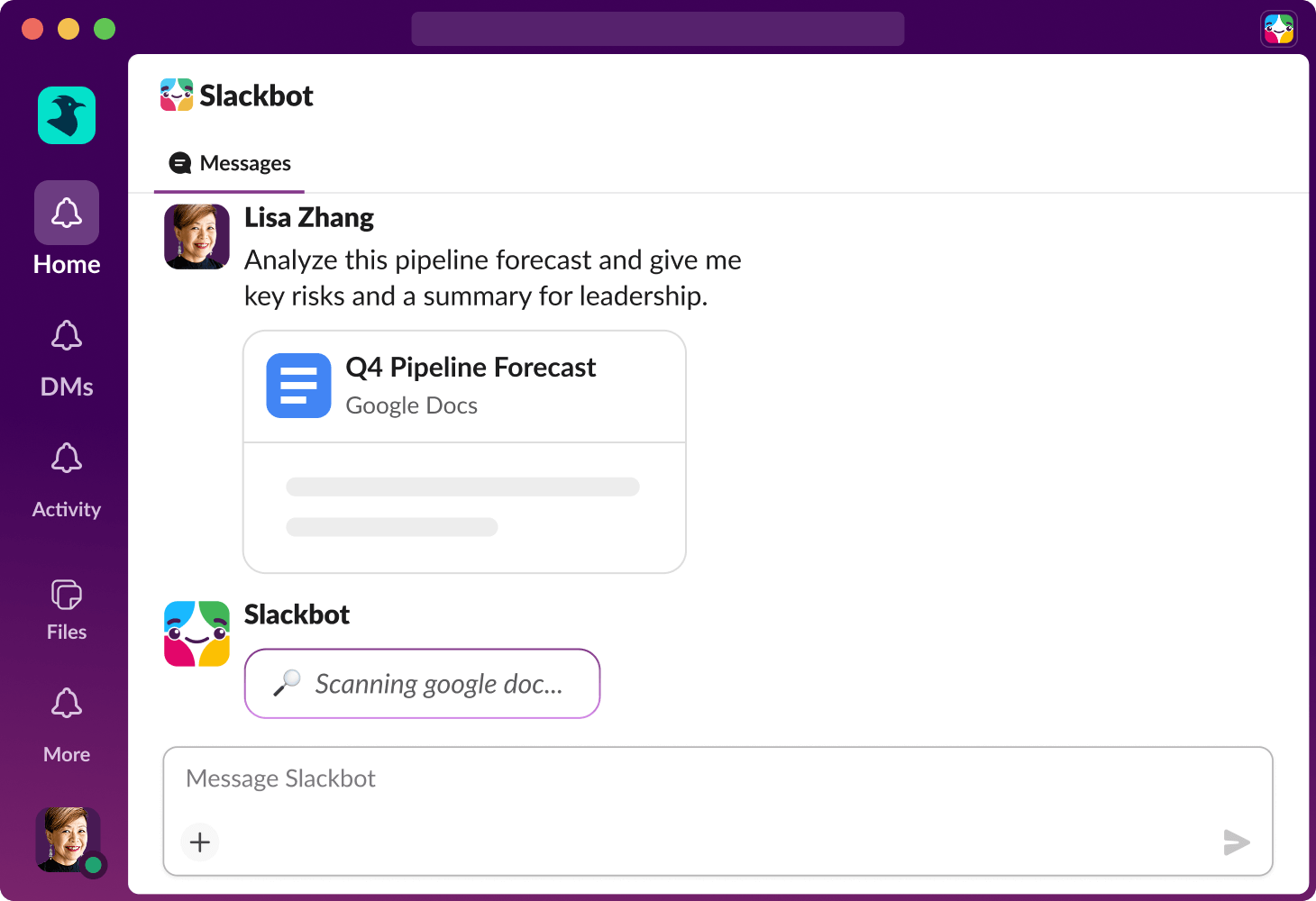 Slackbot analyzes a file in Slack and provides key risks and a summary for leadership.