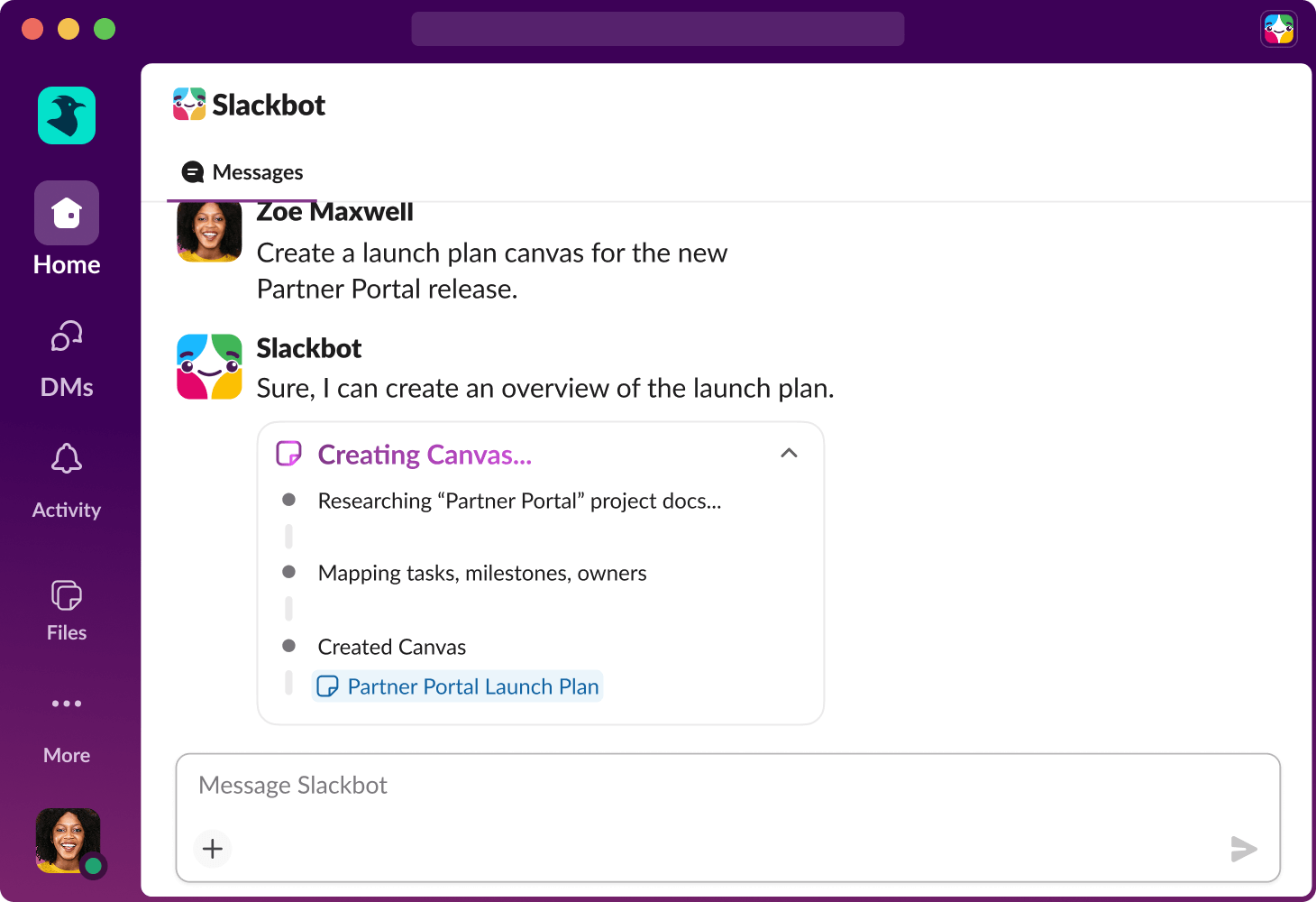 Slackbot creates a new canvas in Slack.