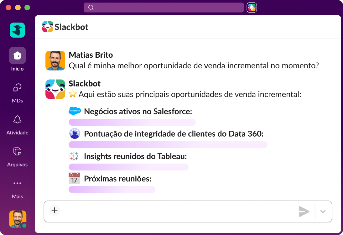 O Slackbot responde a uma pergunta sobre oportunidades de vendas incrementais com base no Salesforce, no Data 360, no Tableau e nas próximas reuniões