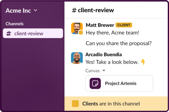 A client proposal canvas is shared with an external partner in a Slack Connect channel