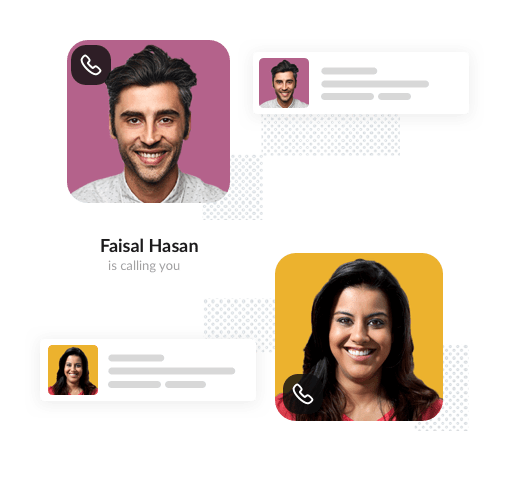 In a simulated screenshot, one colleague uses Slack to call another.