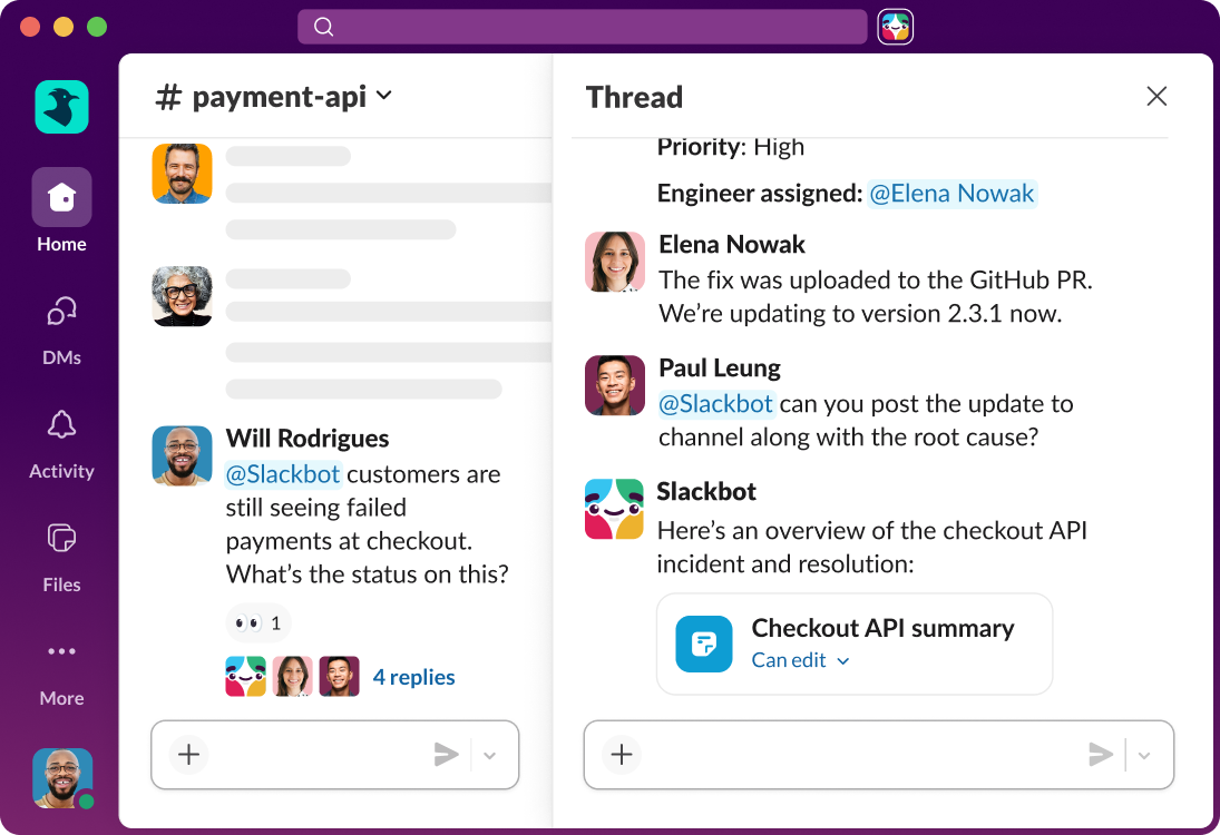 Slackbot is tagged in a channel and provides a summary of an ongoing incident