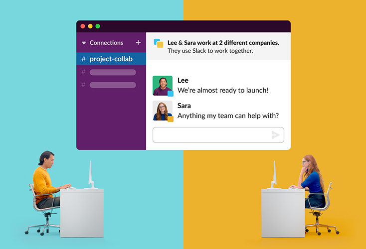 Two people at different companies work on a project together in Slack