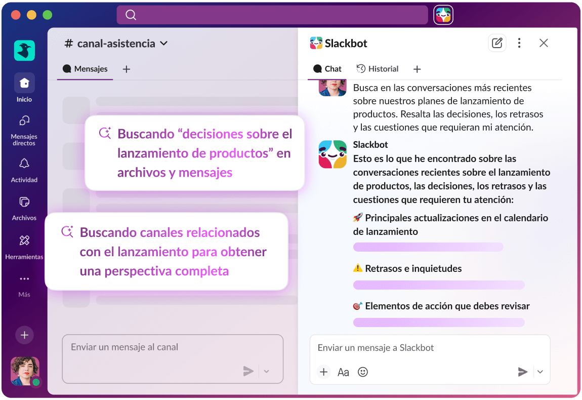 Busca en las conversaciones más recientes sobre nuestros planes de lanzamiento de productos. Resalta las decisiones, los retrasos y las cuestiones que más requieran mi atención.