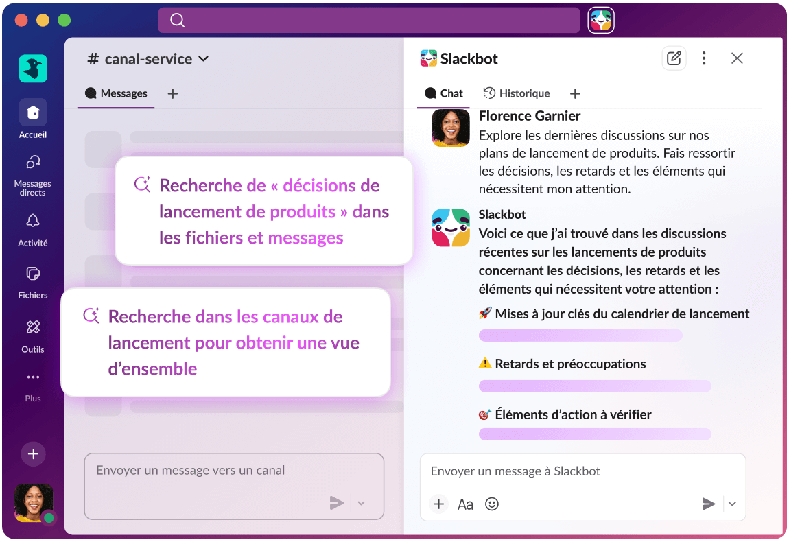 Explore les dernières discussions sur nos plans de lancement de produits. Fais ressortir les décisions, les retards et les éléments qui nécessitent le plus mon attention.