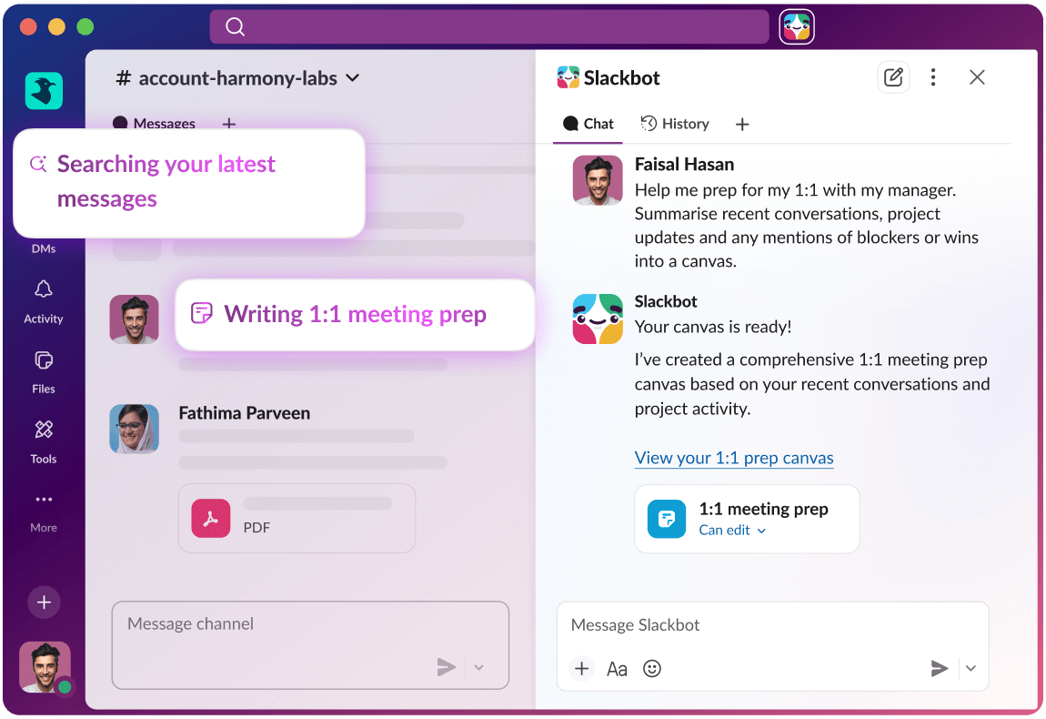 Slack UI displays an AI answer to a search query.