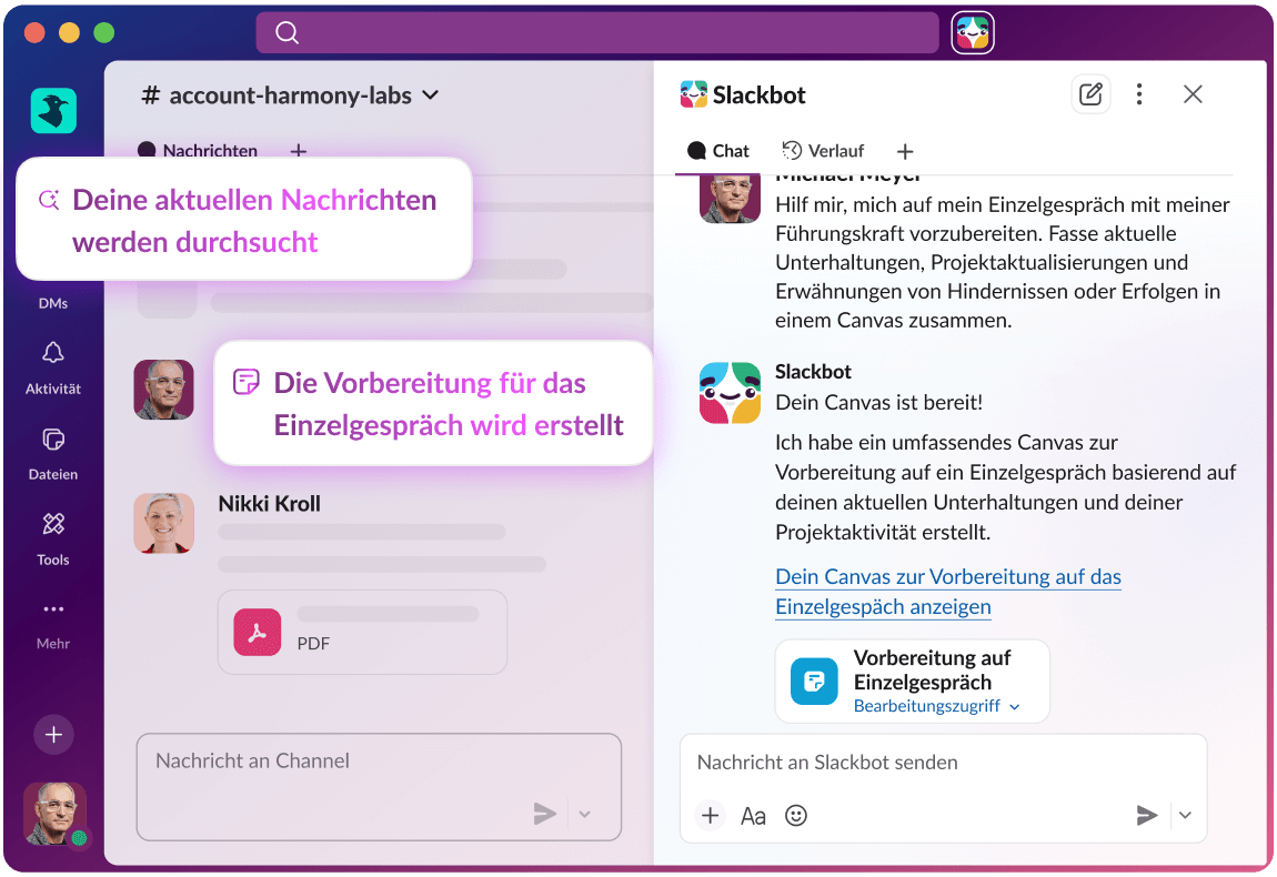 Die Slack-UI zeigt eine KI-Antwort auf eine Suchanfrage.