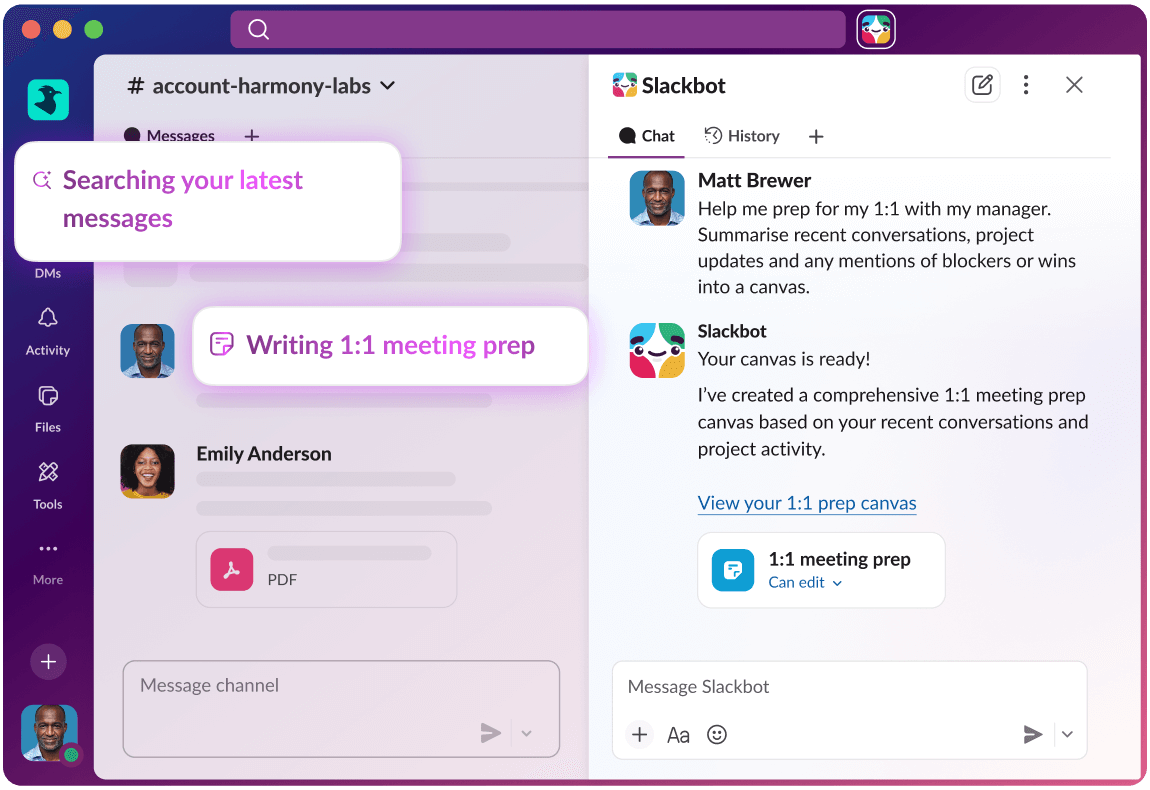 Slack UI displays an AI answer to a search query.