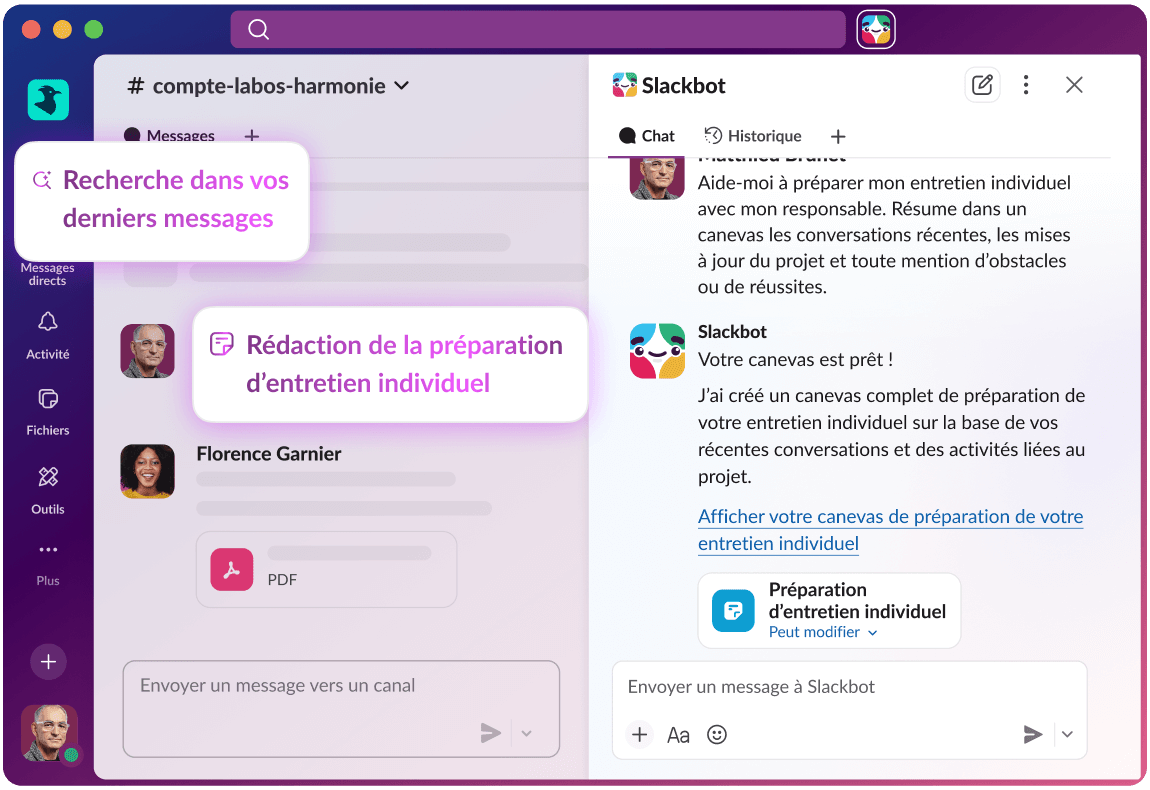 L’interface utilisateur Slack affiche une réponse générée par l’IA à une requête de recherche.