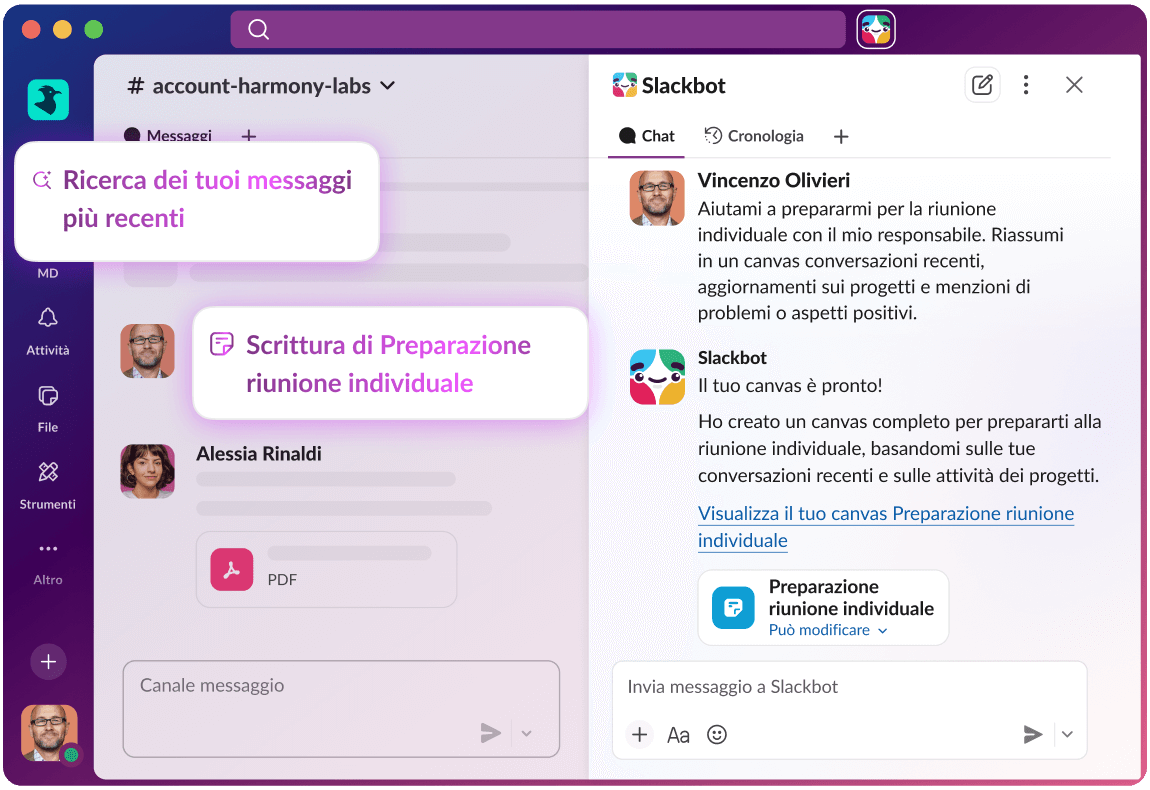L'interfaccia utente di Slack mostra una risposta IA a una query di ricerca.