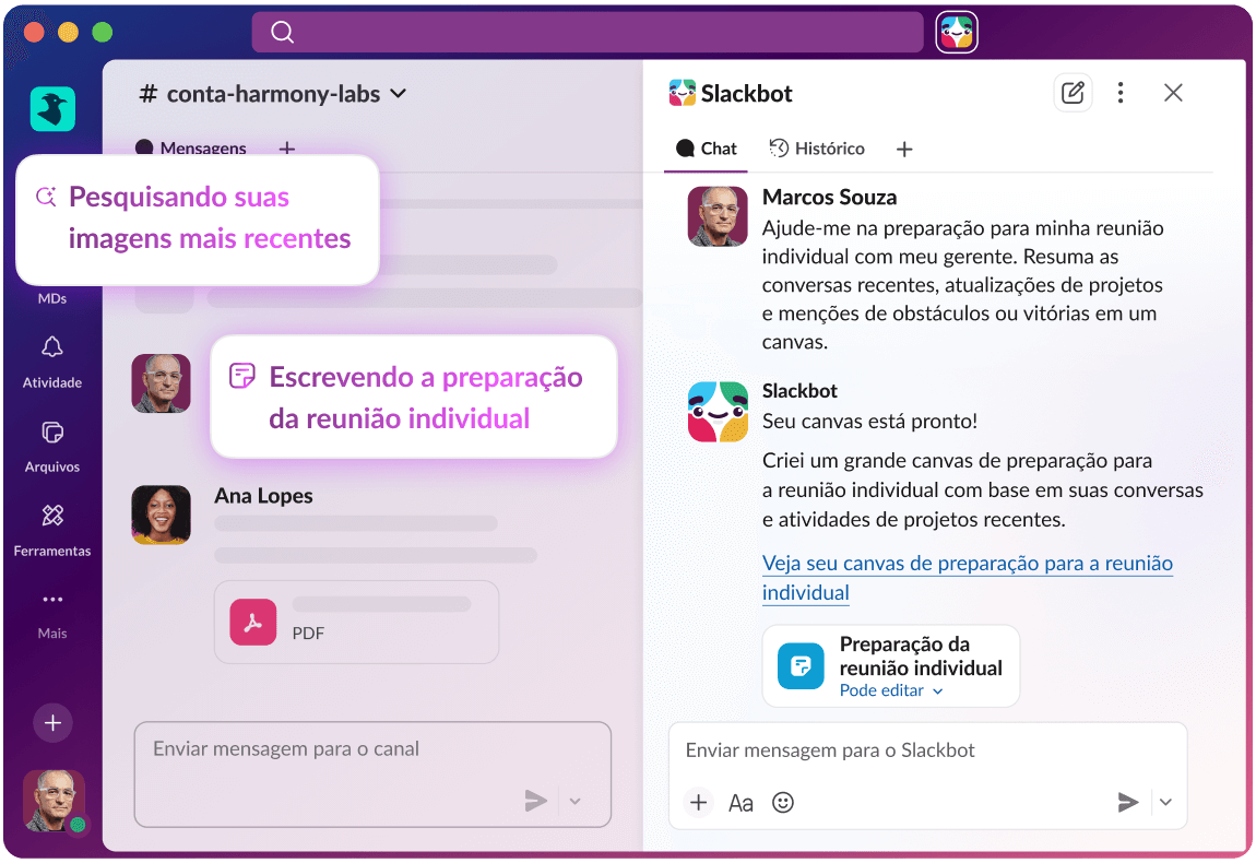 A interface do Slack mostra uma resposta da IA a uma consulta de pesquisa.