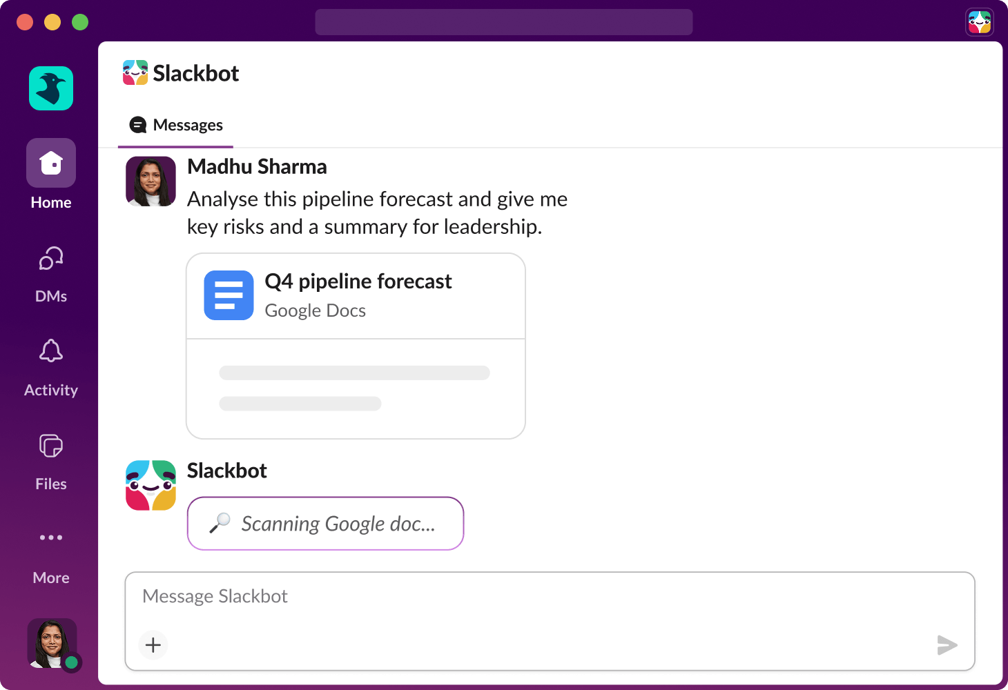 Slackbot analyses a file in Slack and provides key risks and a summary for leadership.