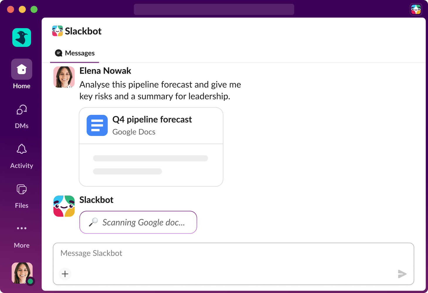 Slackbot analyses a file in Slack and provides key risks and a summary for leadership.