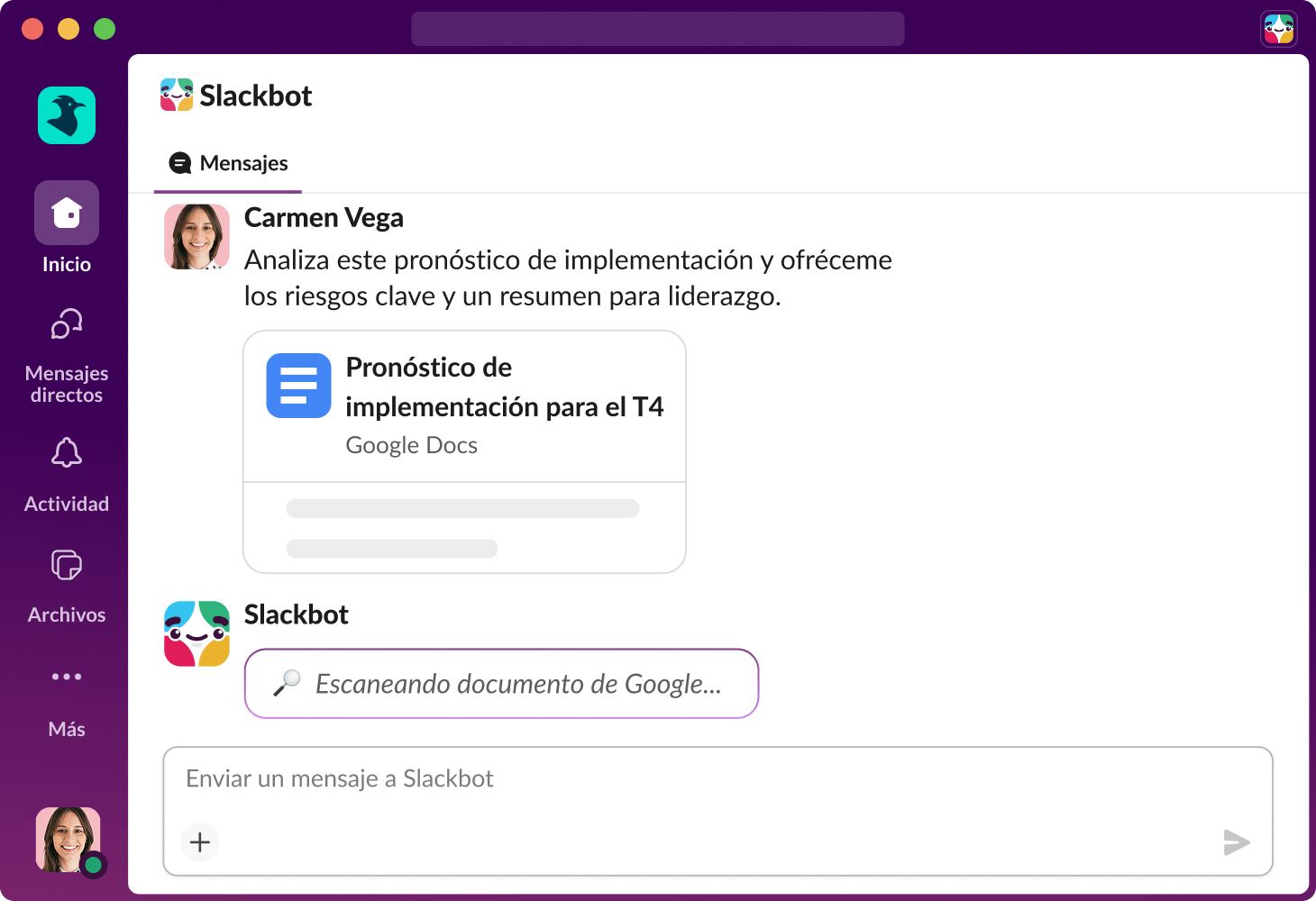 Slackbot analiza un archivo en Slack y detalla los riesgos principales y un resumen para la alta gerencia.