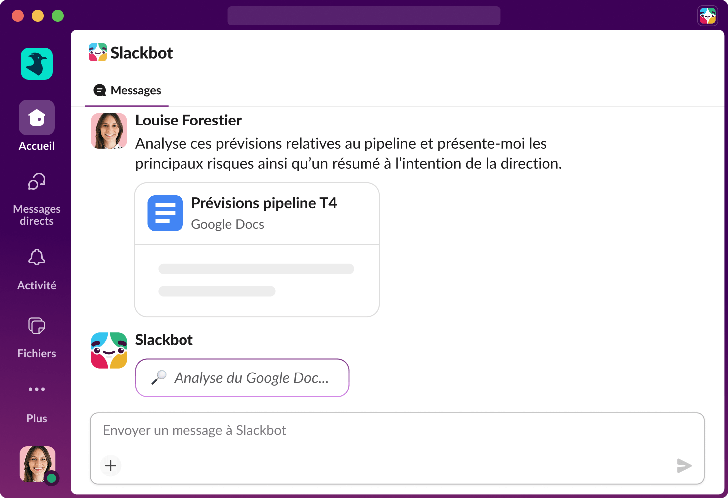 Slackbot analyse un fichier dans Slack, indique les principaux risques et génère un résumé à destination des dirigeants.