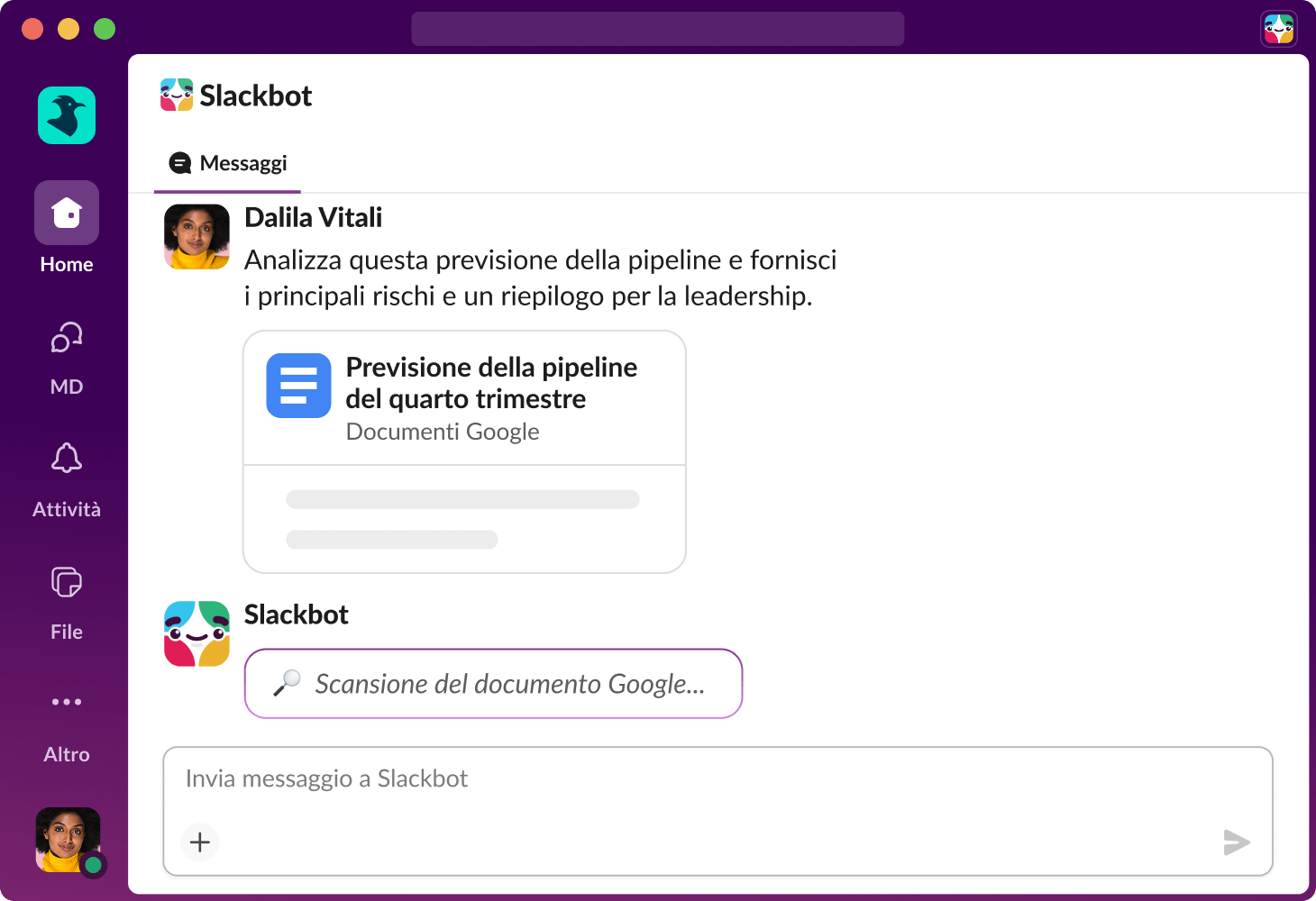 Slackbot analizza un file su Slack e fornisce i principali rischi e un riassunto per la dirigenza.