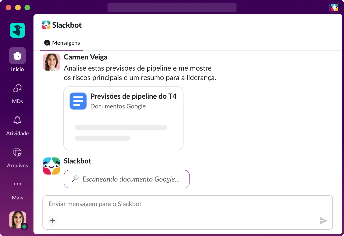 O Slackbot analisa um arquivo no Slack e fornece os principais riscos, além de um resumo para a liderança.