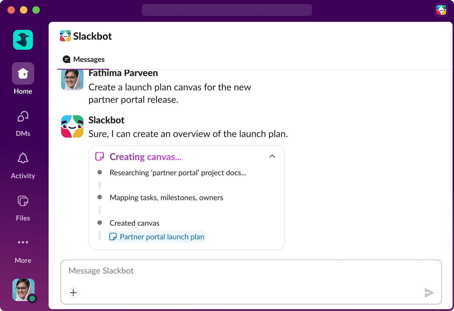 Slackbot creates a new canvas in Slack.