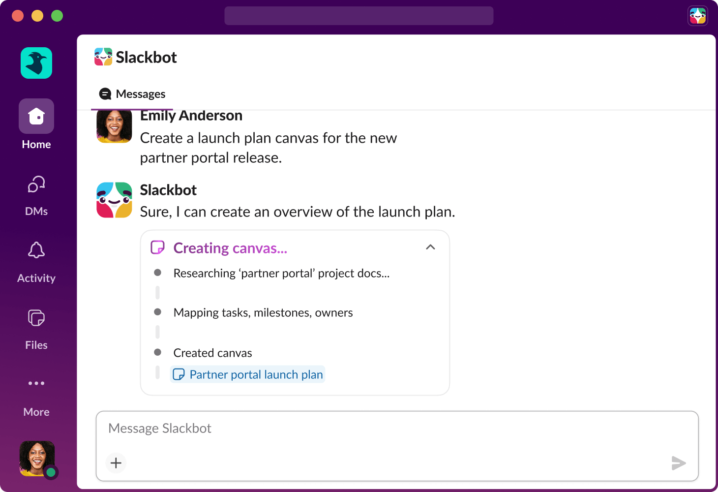 Slackbot creates a new canvas in Slack.