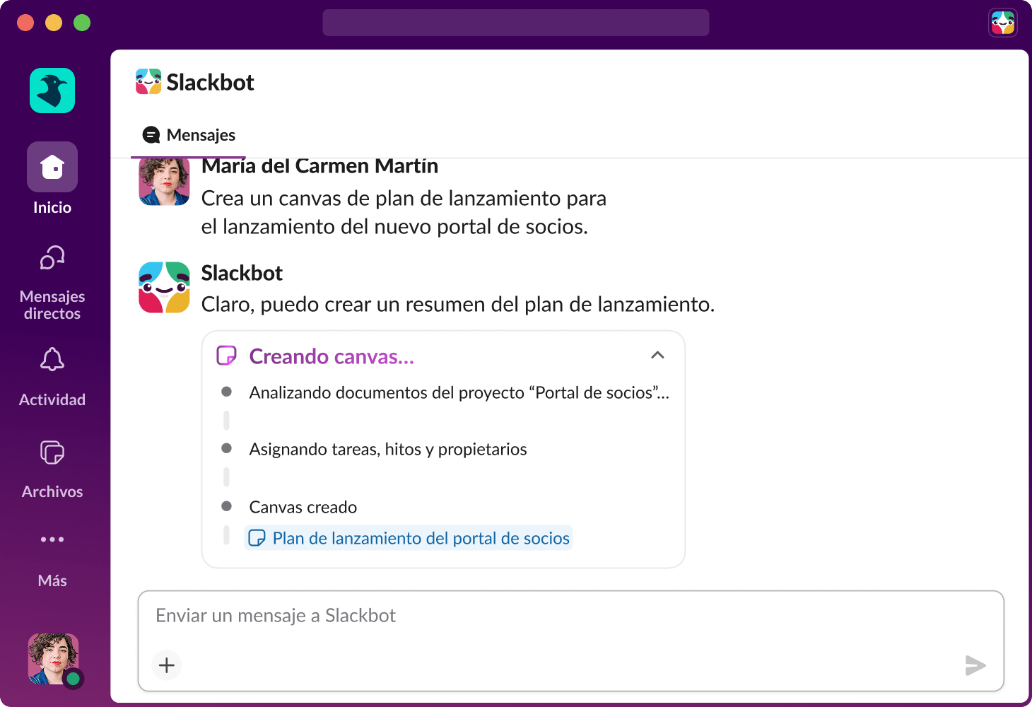 Slackbot crea un nuevo canvas en Slack.