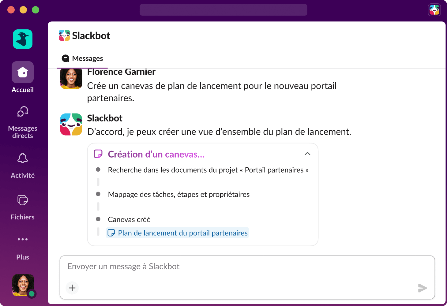 Slackbot crée un nouveau canevas dans Slack.