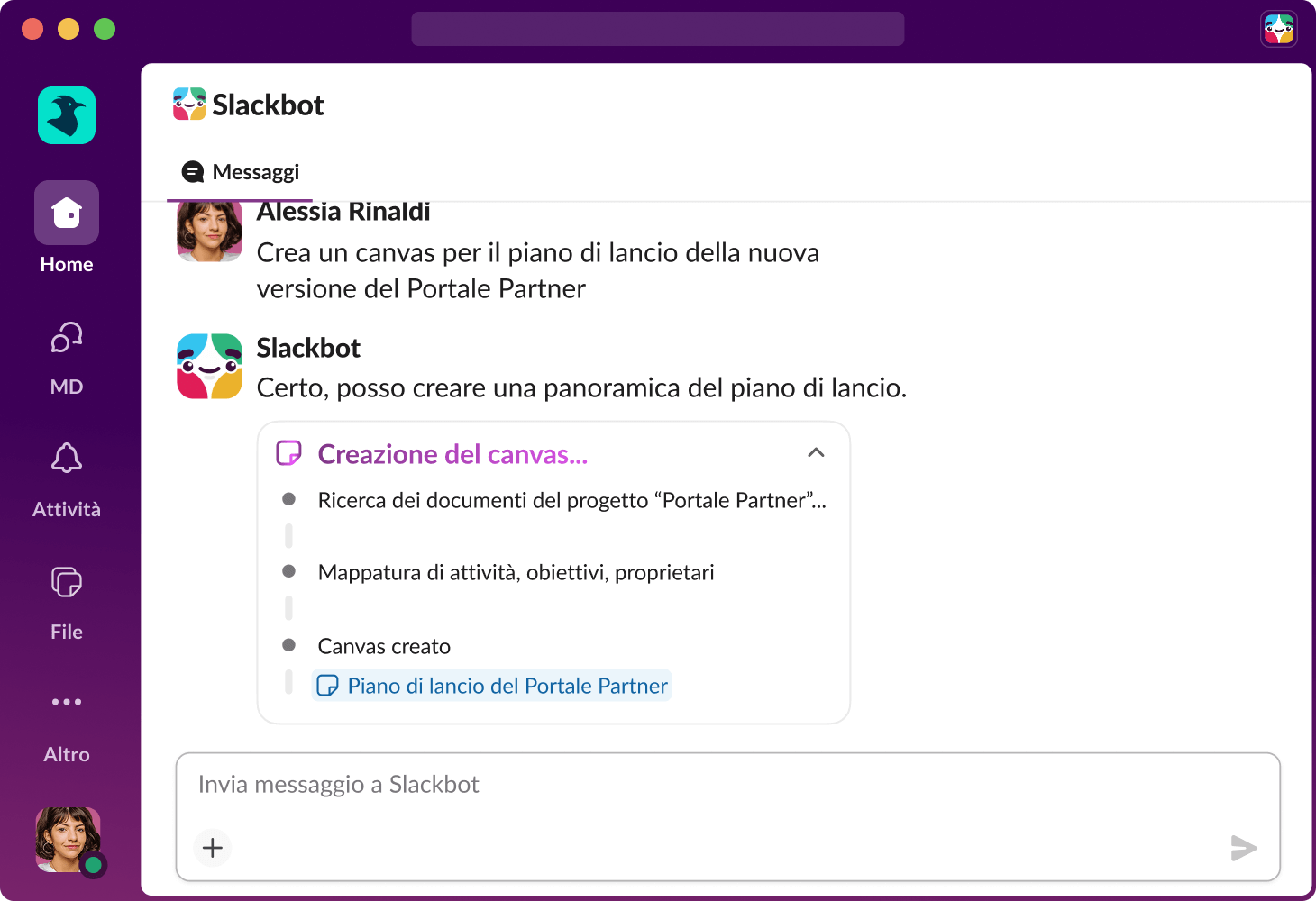Slackbot crea un nuovo canvas su Slack.