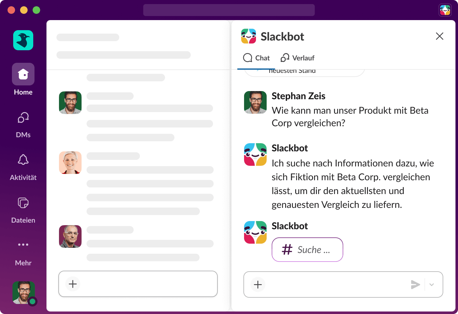 Der Slackbot beantwortet eine Suchanfrage in Slack.