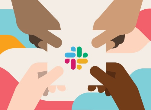 Illustration of four hands holding the Slack logo.