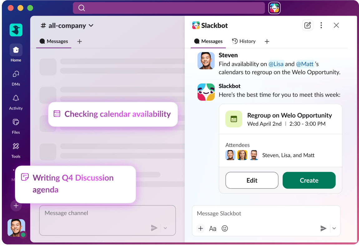 Find availability on @Zoe @Matt’s calendars. Create a meeting invite and send it to them.