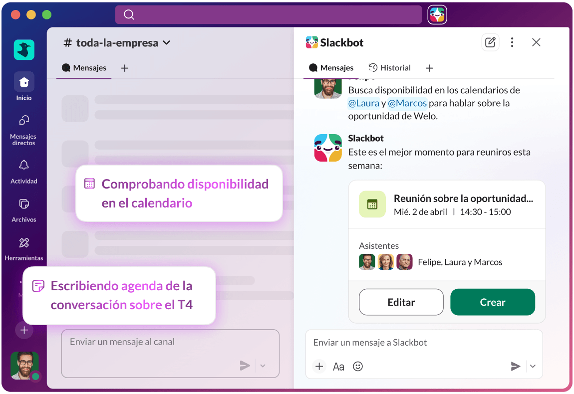 Consulta la disponibilidad en los calendarios de @María del Carmen y @Marcos. Crea una invitación a la reunión y envíasela.