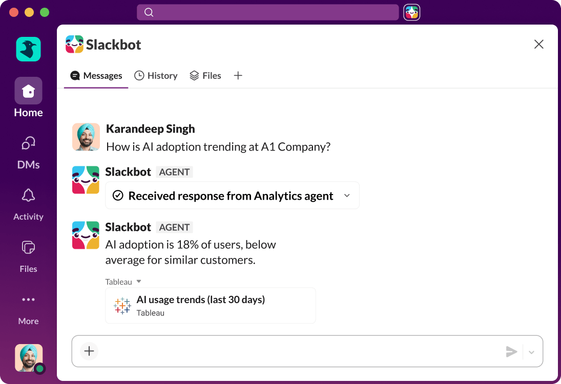 Slack UI displays an AI answer to a search query.