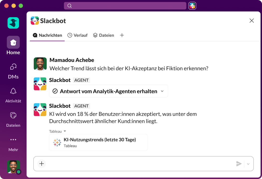 Die Slack-UI zeigt eine KI-Antwort auf eine Suchanfrage.