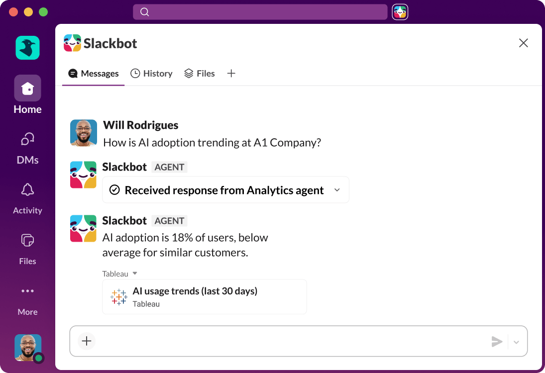 Slack UI displays an AI answer to a search query.