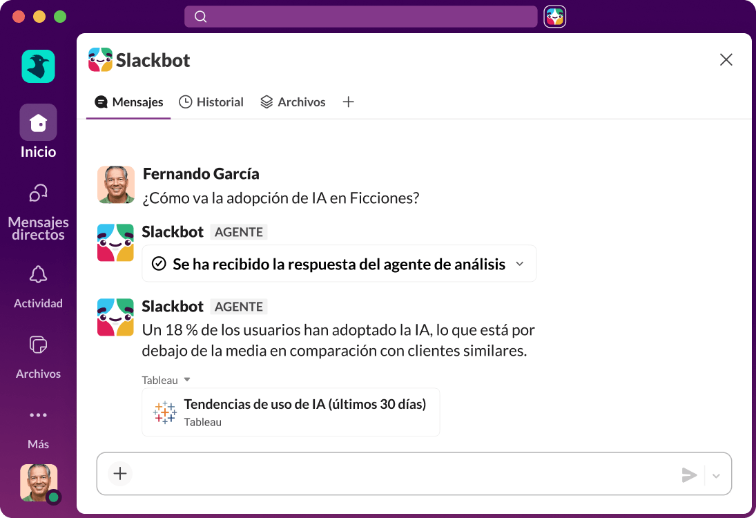 La interfaz de usuario de Slack muestra una respuesta de IA a una consulta de búsqueda.