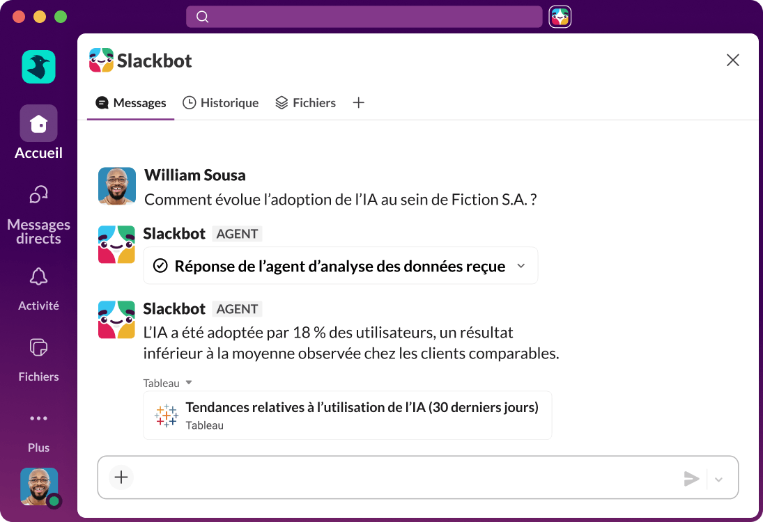 L’interface utilisateur Slack affiche une réponse générée par l’IA à une requête de recherche.