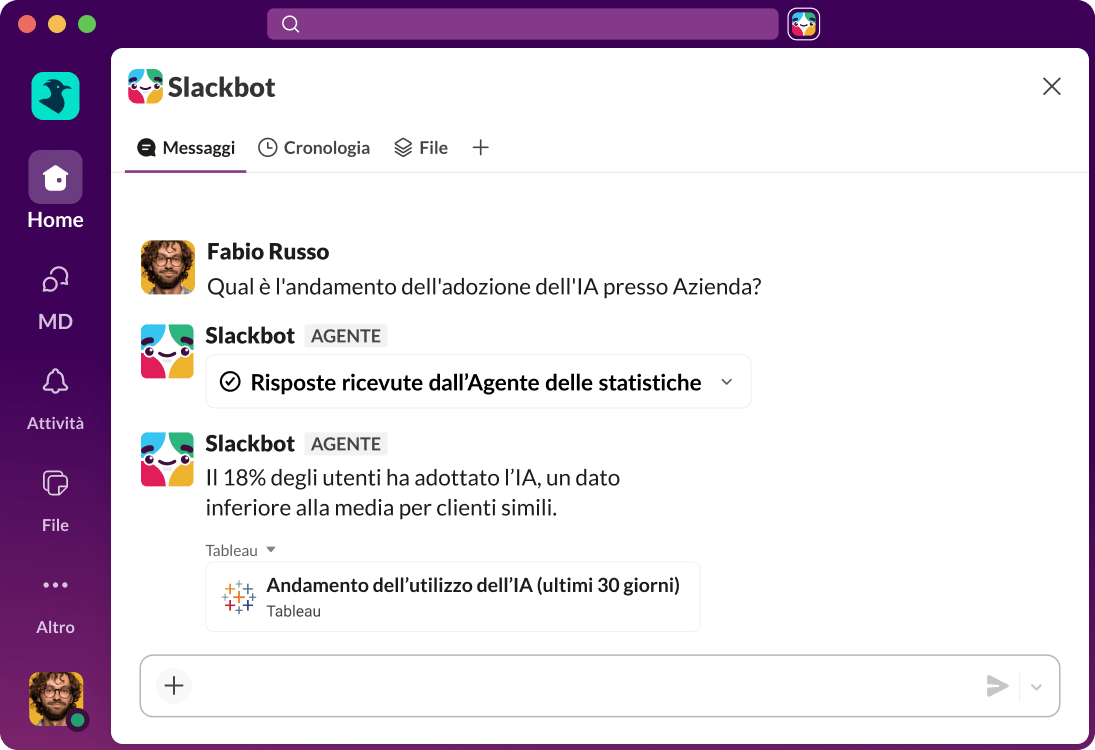 L'interfaccia utente di Slack mostra una risposta IA a una query di ricerca.