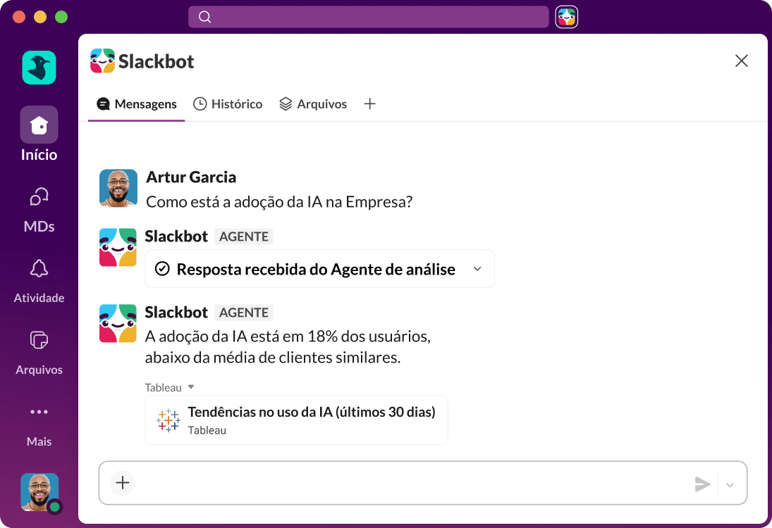 A interface do Slack mostra uma resposta da IA a uma consulta de pesquisa.