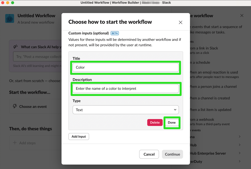 Configuring custom inputs to a new workflow in Workflow Builder