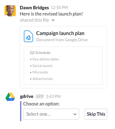 Someone sharing a file with the Google Drive app in Slack