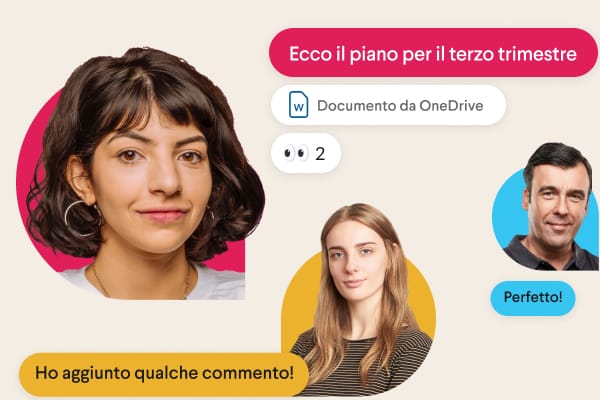 Due colleghi che parlano circondati da messaggi Slack stilizzati e una mano che riproduce l’emoji pollice in su