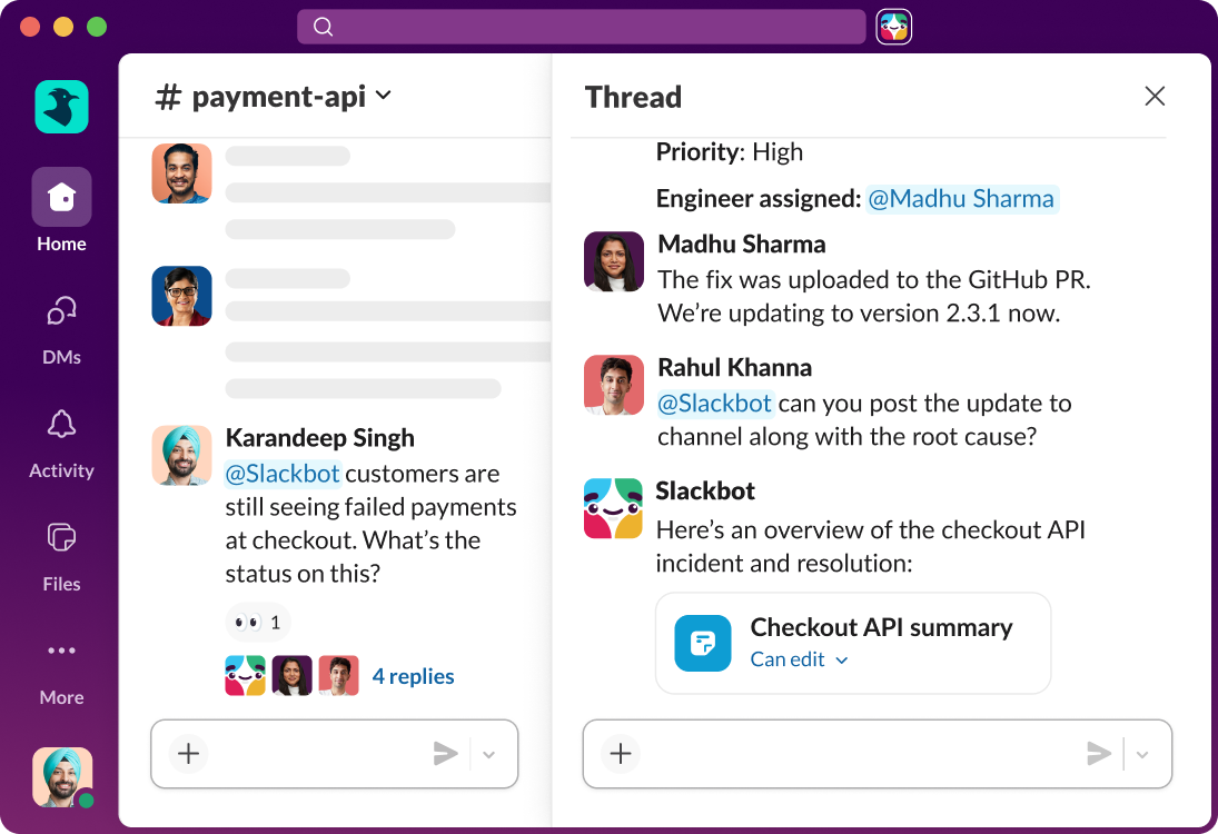 Slackbot is tagged in a channel and provides a summary of an ongoing incident