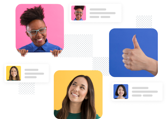 Two teammates talking while surrounded by stylized Slack messages and a hand mimicking the thumbs-up emoji