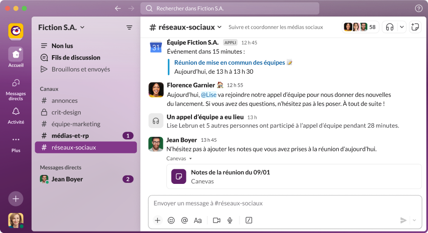 Capture d’écran de l’application Slack